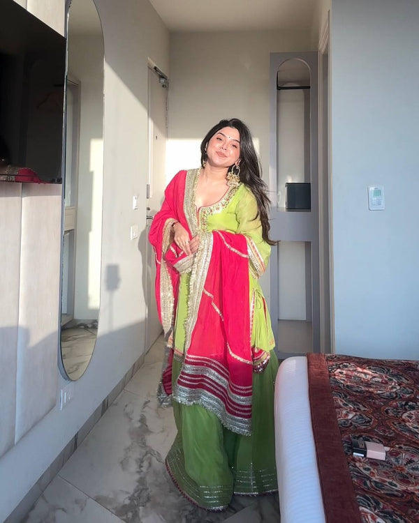 Exclusive Embroidered Work Green Color Sharara Suit