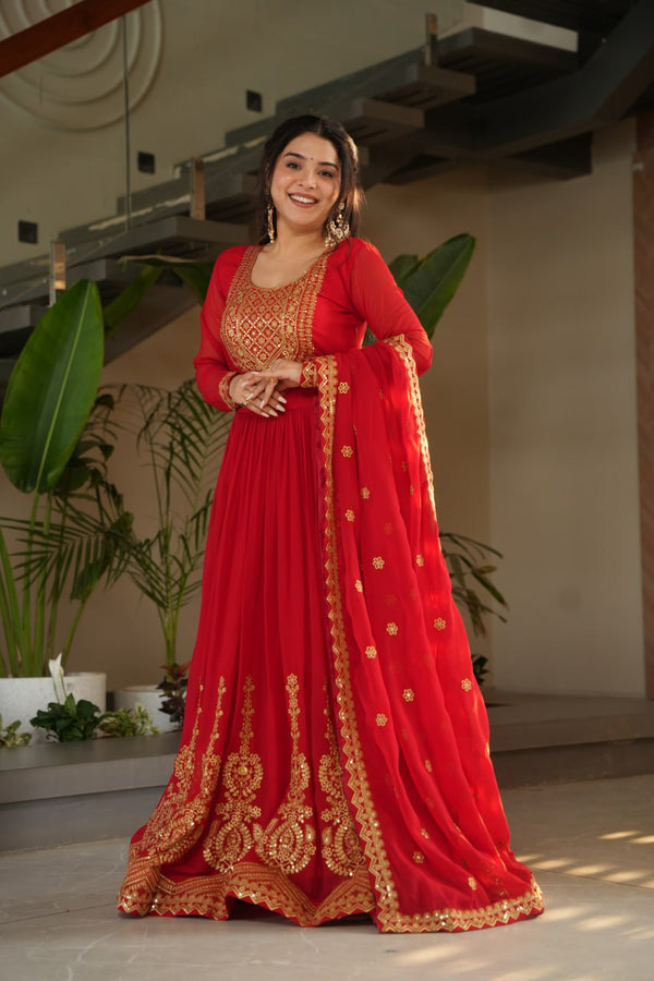 Shining Embroidery Work Red Color Gown