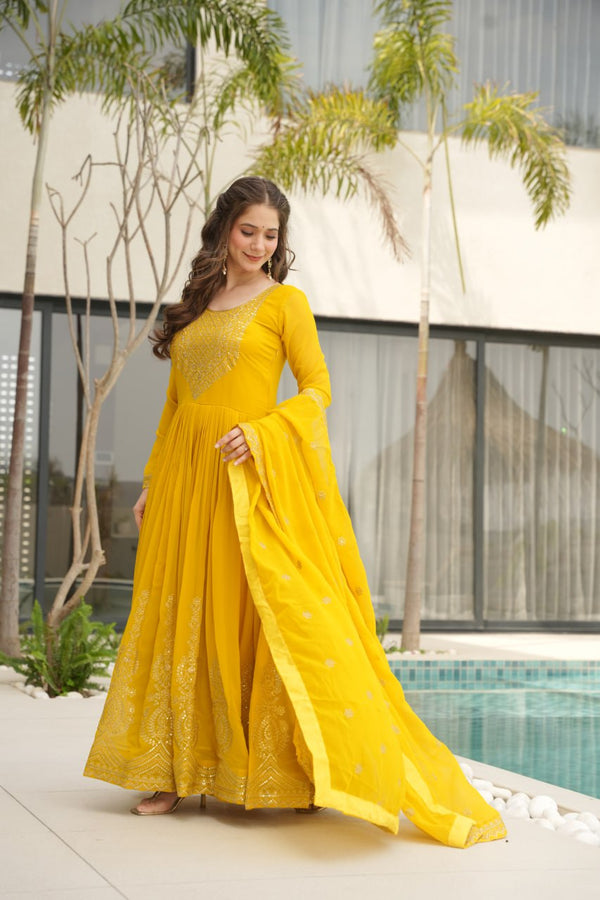 Shining Embroidery Work Yellow Color Gown