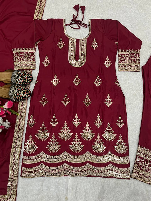 Designer Embroidery Work Marron Color Palazzo Suit