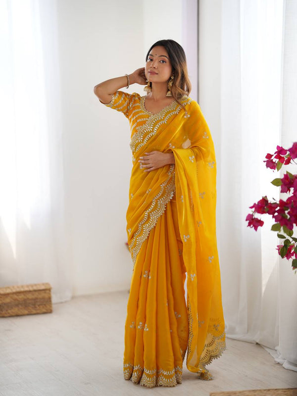 Lovely Heavy Work Yellow Color Saree