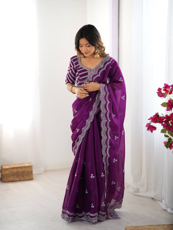 Lovely Heavy Work Purple Color Saree