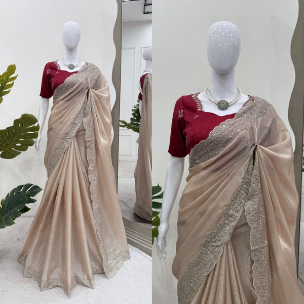 Party Wear Sequence Work Off White Color Saree