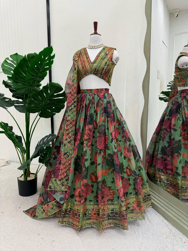 Designer Multi Flower With Green Color Lehenga Choli