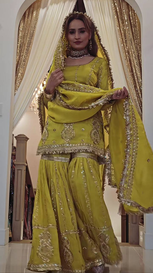 Occasion Wear Embroidery Work Mehndi Color Sharara Suit