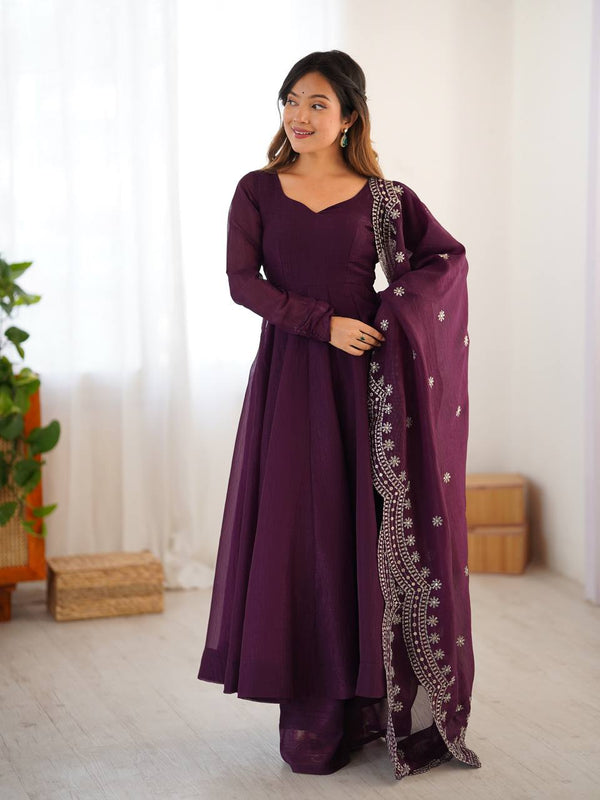 Awesome Sequence Work Wine Color Anarkali Gown