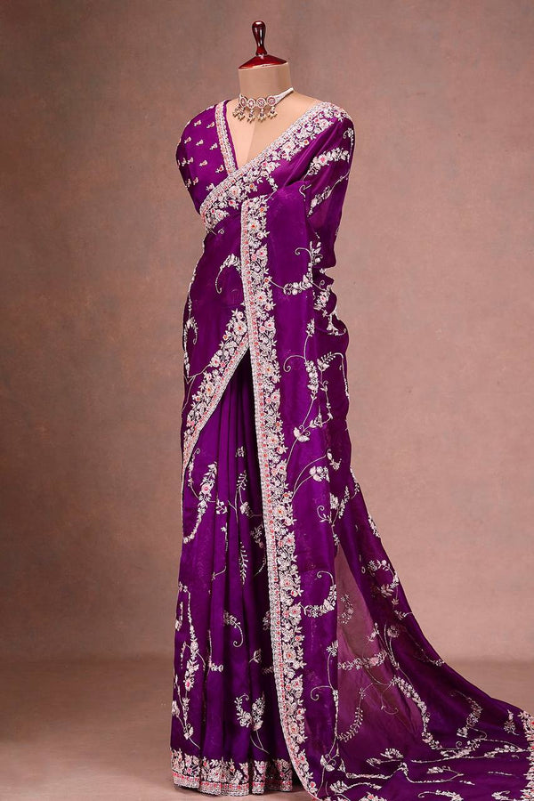 Marriage Special Embroidery Work Purple Color Saree