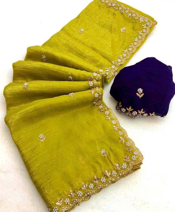 Preferable Embroidery Work Green Color Saree