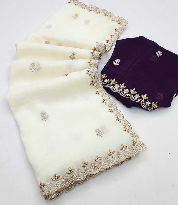 Preferable Embroidery Work White Color Saree