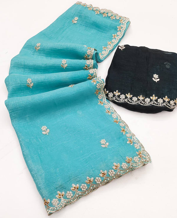 Preferable Embroidery Work Sky Blue Color Saree