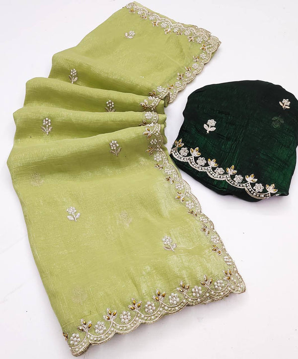 Preferable Embroidery Work Pista Color Saree