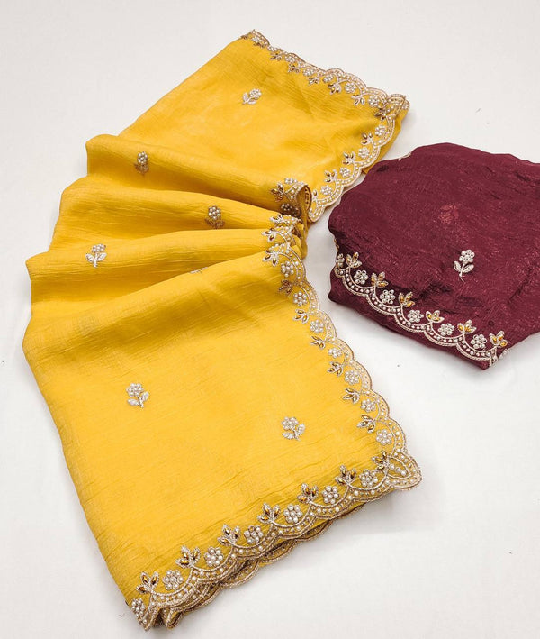 Preferable Embroidery Work Yellow Color Saree