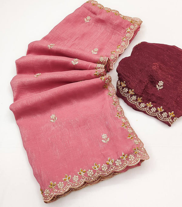 Preferable Embroidery Work Peach Color Saree