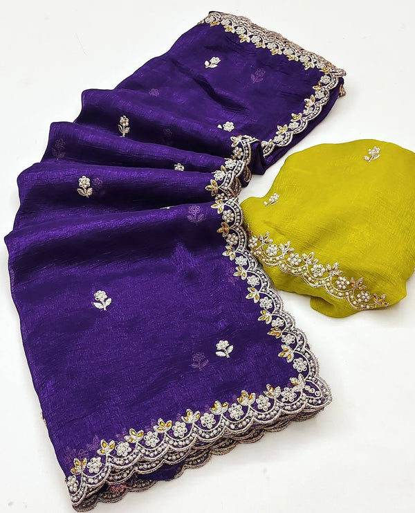 Preferable Embroidery Work Purple Color Saree