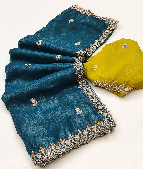 Preferable Embroidery Work Teal Green Color Saree