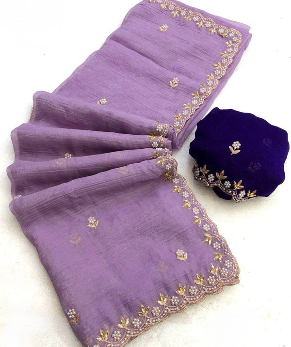 Preferable Embroidery Work Lavender Color Saree
