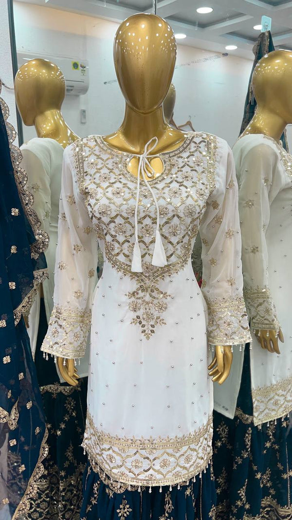 Fabulous Heavy Work White Color Suit Teal Blue Sharara