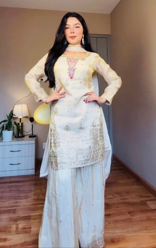 Awesome Sequence Work White Color Palazzo Suit