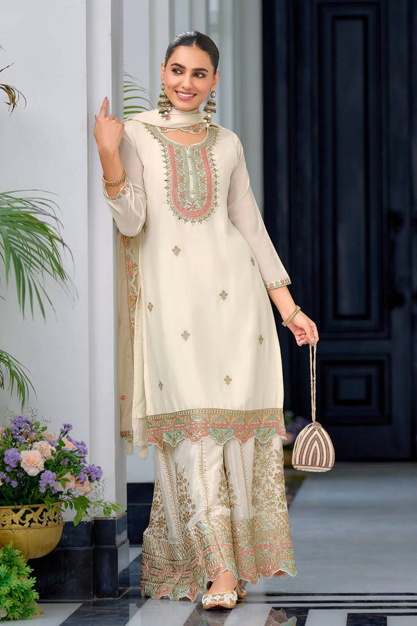 Glimmering Embroidery Work White Color Sharara Suit