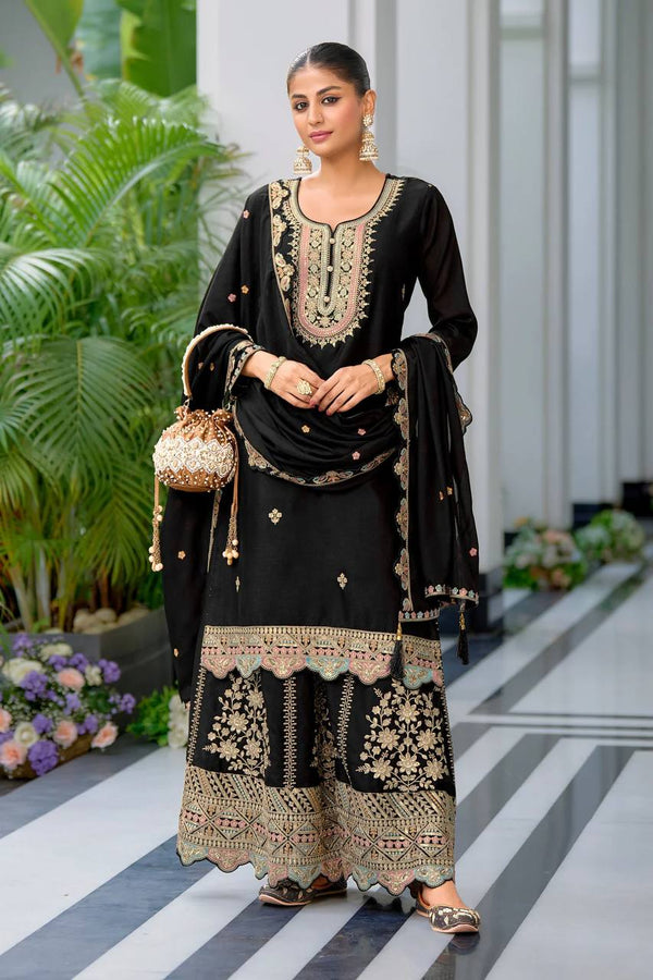 Glimmering Embroidery Work Black Color Sharara Suit