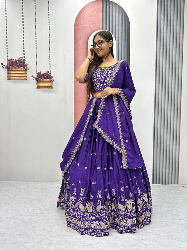 Wedding Wear Embroidery Work Navy Blue Color Lehenga Choli