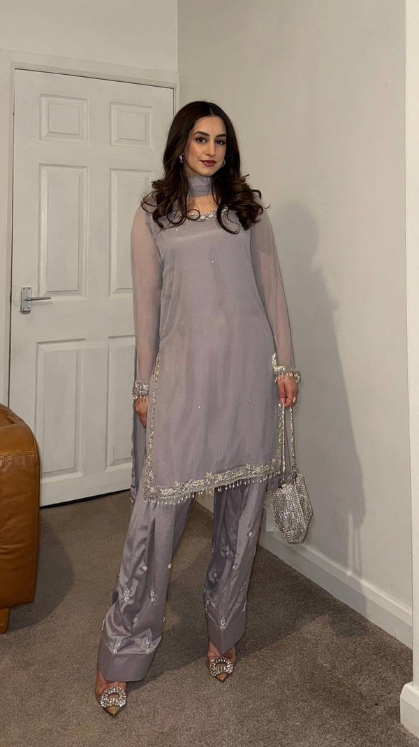 Stunning Embroidery Work Grey Color Salwar Suit