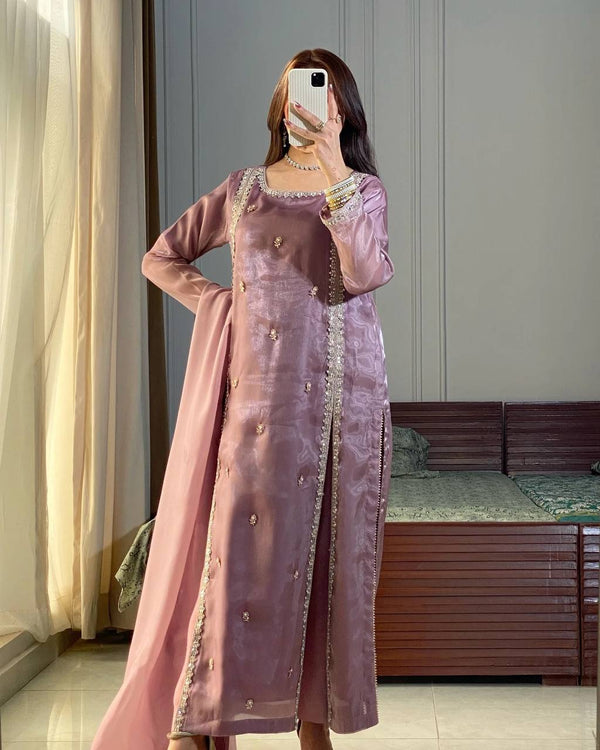 Shining Sequence Work Lavender Color Palazzo Suit