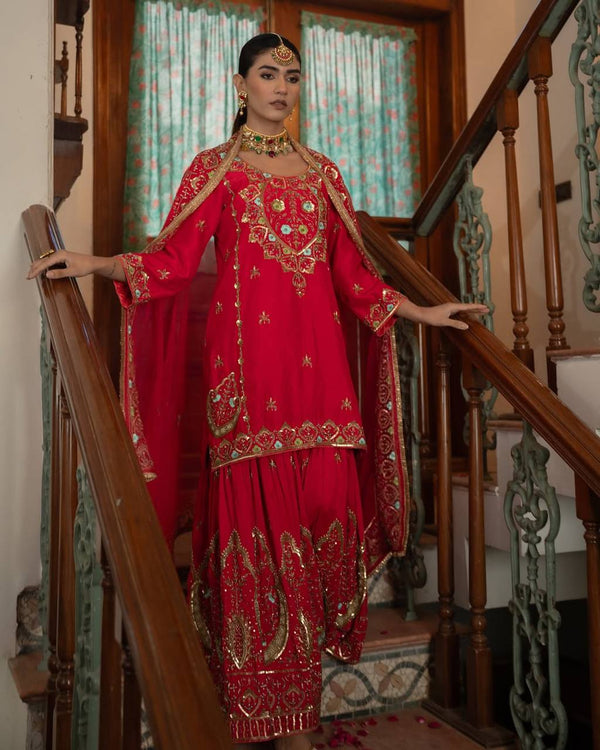 Flattering Heavy Work Red Color Sharara Suit