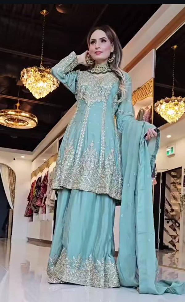 Flattering Sky Blue Color Heavy Work Sharara Suit