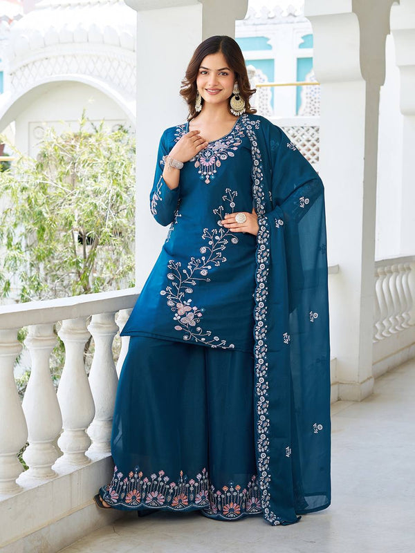 Designer Heavy Work Blue Color Palazzo Suit