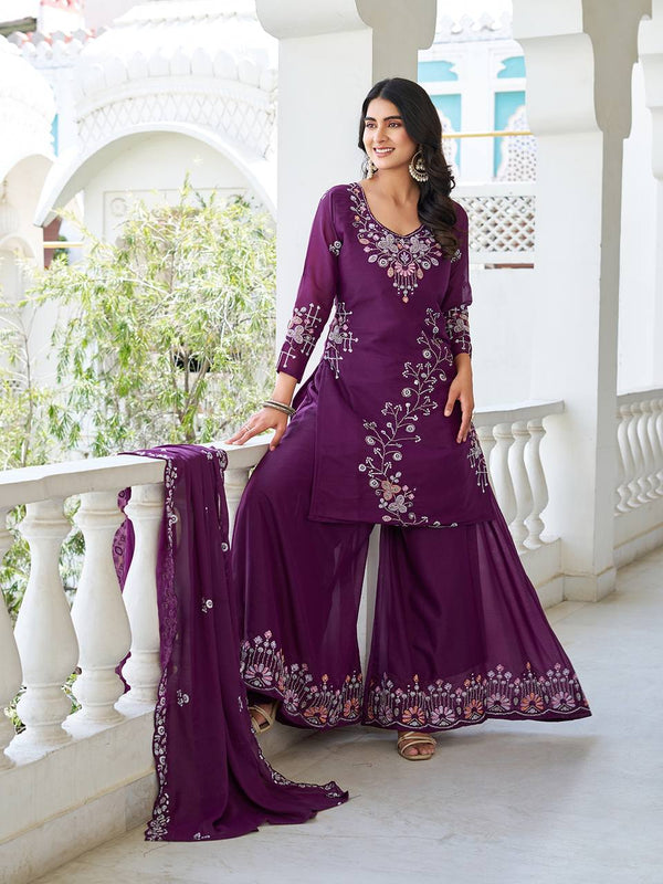Designer Heavy Work Wine Color Palazzo Suit