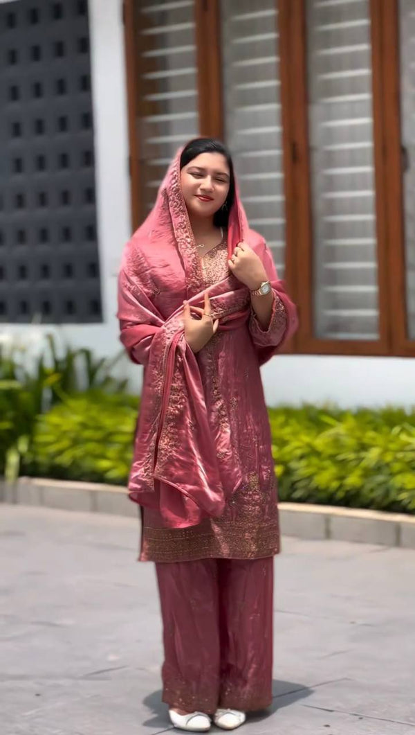 Fabulous  Sequence Work Pink Color Palazzo Suit