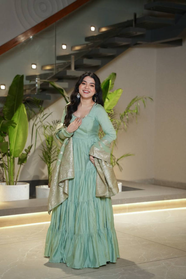 Flattering Roman Silk Pista Color Anarkali Gown