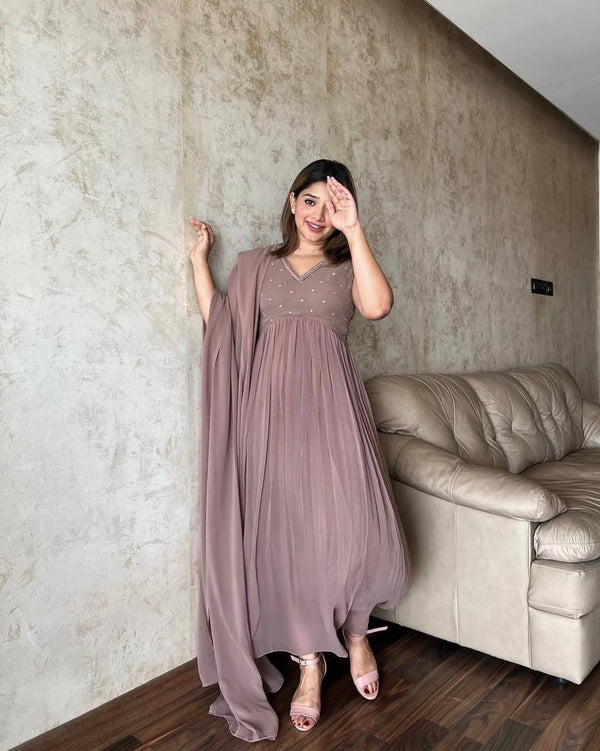 Glorious Embroidery Work Light Pink Color Gown