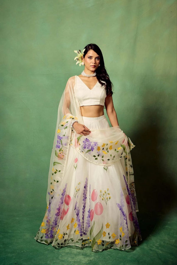Party Wear Multi Floral Print White Color Lehenga Choli