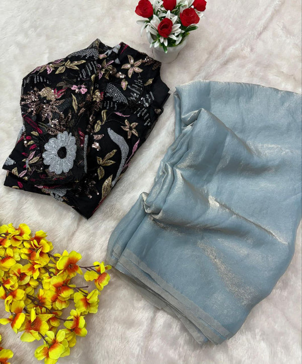 Bollywood Style Sky Blue Color Silk Saree With Heavy Blouse