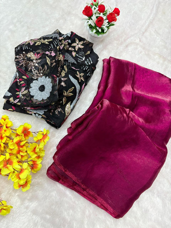 Bollywood Style Wine Color Silk Saree With Heavy Blouse