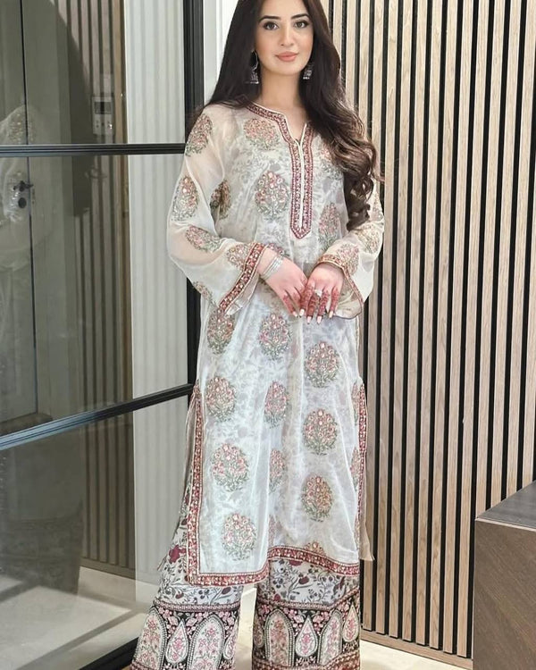 Peaceful Digital Print White Color Palazzo Suit