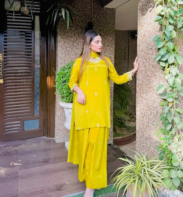 Casual Wear Sequence Work Yellow Color Palazzo Suit