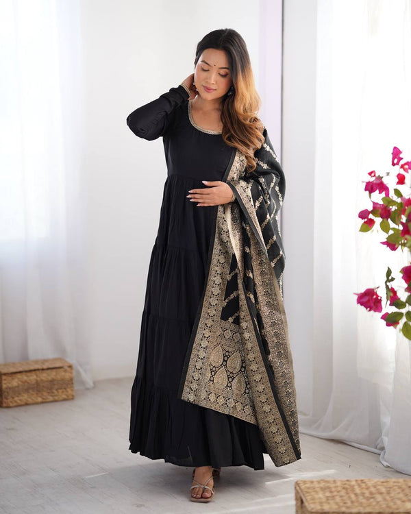 Flattering Roman Silk Black Color Anarkali Gown