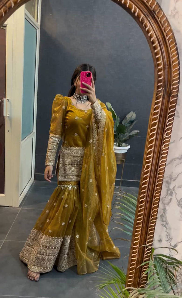 Awesome Embroidery Work Yellow Color Sharara Suit