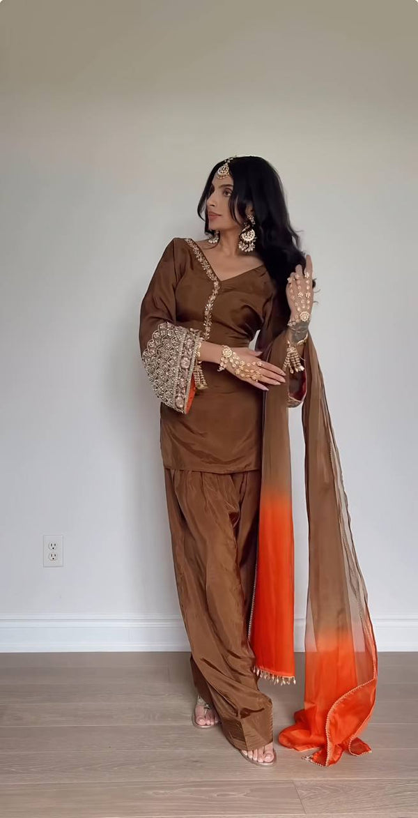 Casual Wear Satin Silk Brown Color Salwar Suit