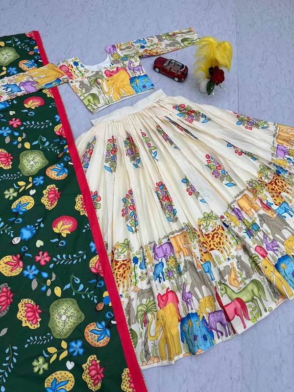 Traditional Wear Kalamkari Print Cream Color Lehenga Choli