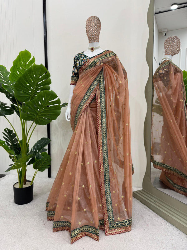 Designer Sequence Work Peach Color Saree