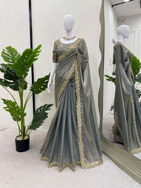 Delightful Sequence Work Grey Color Saree