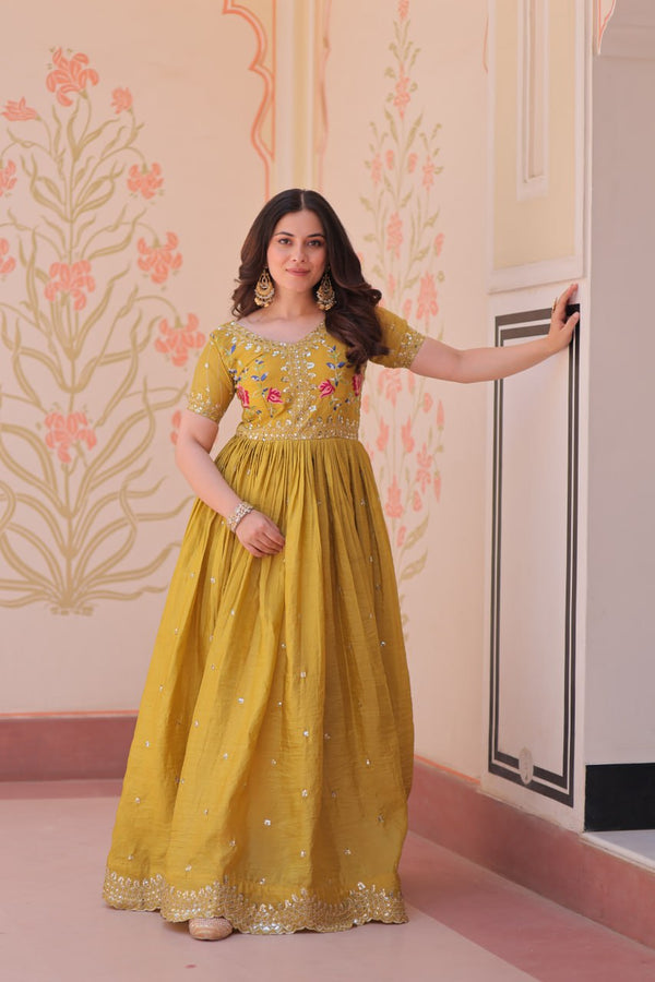 Preferable Embroidery Work Mustard Color Gown