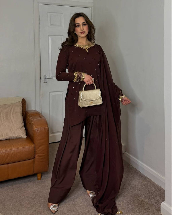 Gorgeous Sequence Work Wine Color Palazzo Suit