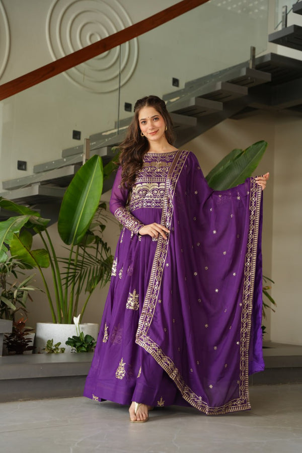Attractive Embroidery Work Purple Color Gown