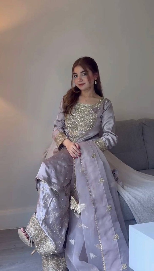 Fantastic Embroidery Work Lavender Color Sharara Suit