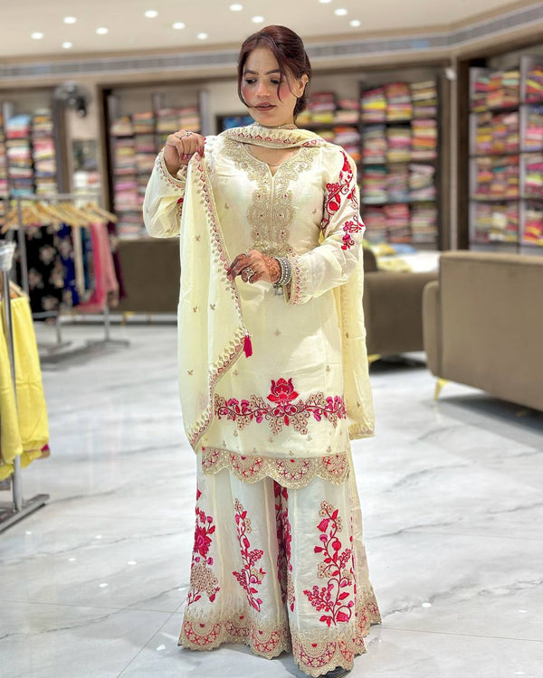 Function Wear Heavy Work White Color Sharara Suit